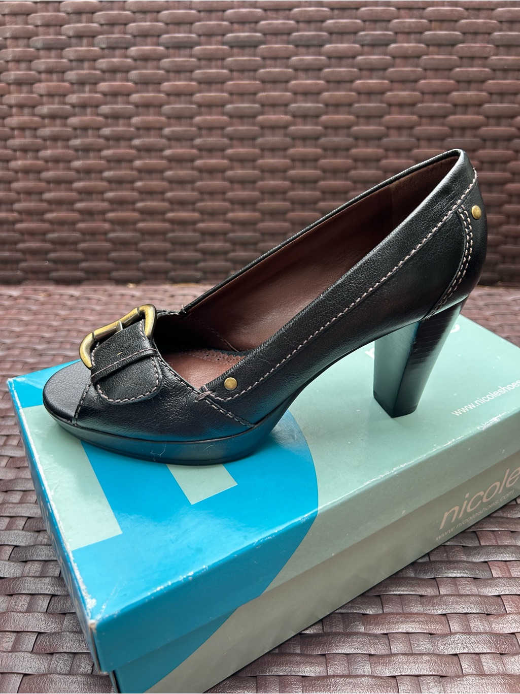 Nicole Black Leather Peep-Toe Heel With Gold Buckle Size 7.5 New